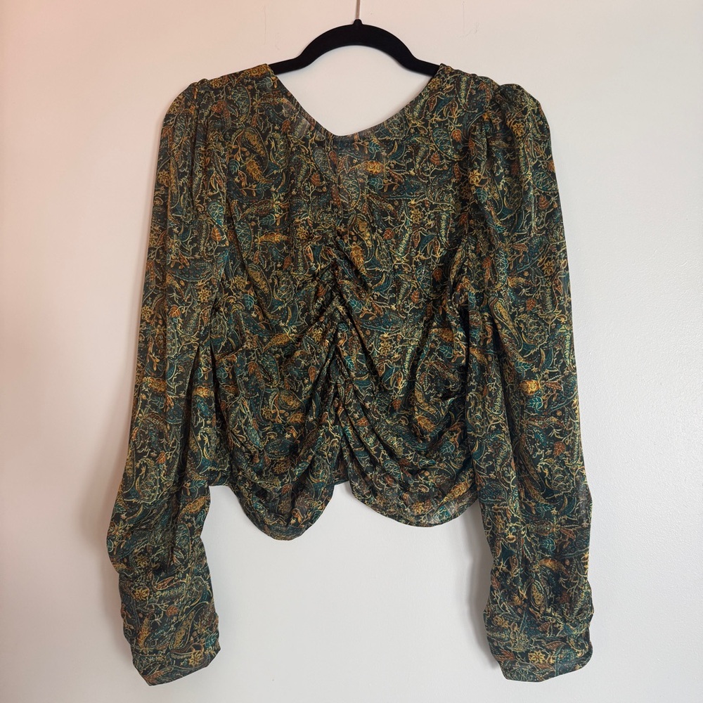 Zara Green and Gold Cropped Paisley Blouse